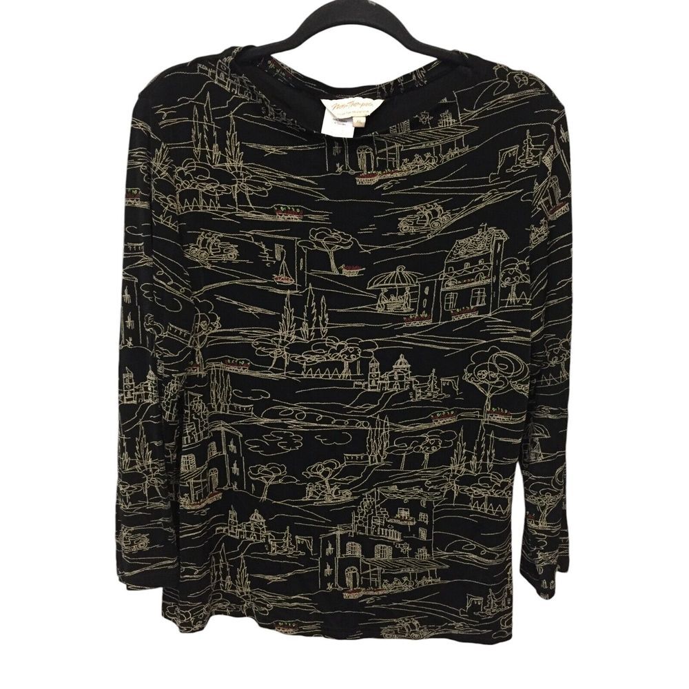 Norm Thompson Blouse Black Womens Size XL Doodle‎ Art Boat Neck Long Sleeve